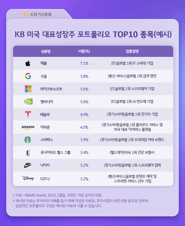 kb 미국 대표성장주 포트폴리오 상위 10종목 예시. 애플, 구글, 마이크로소프트, 엔비디아 등.